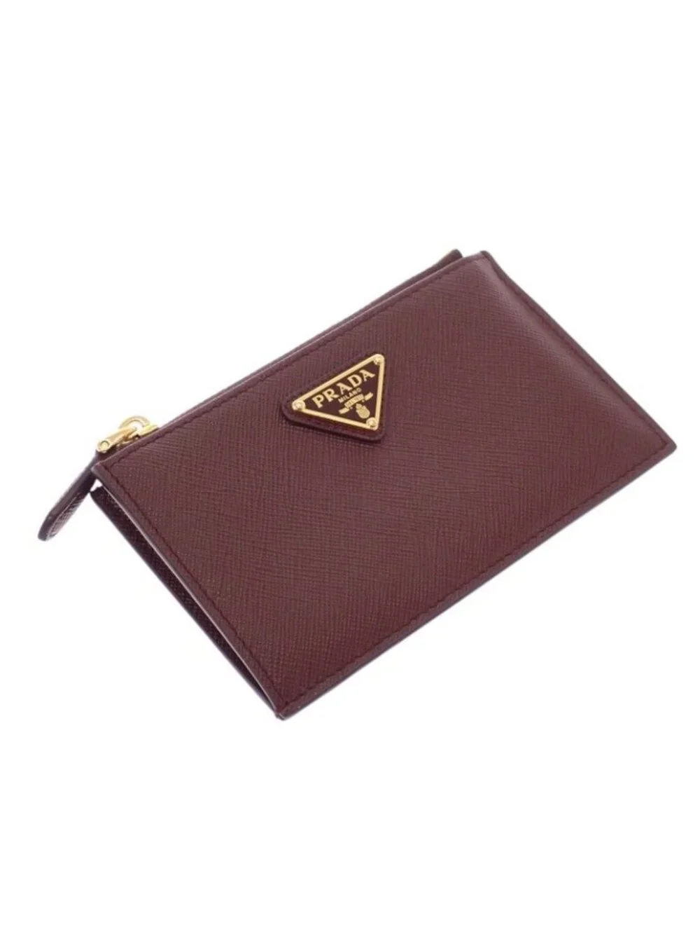 Prada Saffiano Triangle Card Case Bordeaux Burgundy Gold Genus
